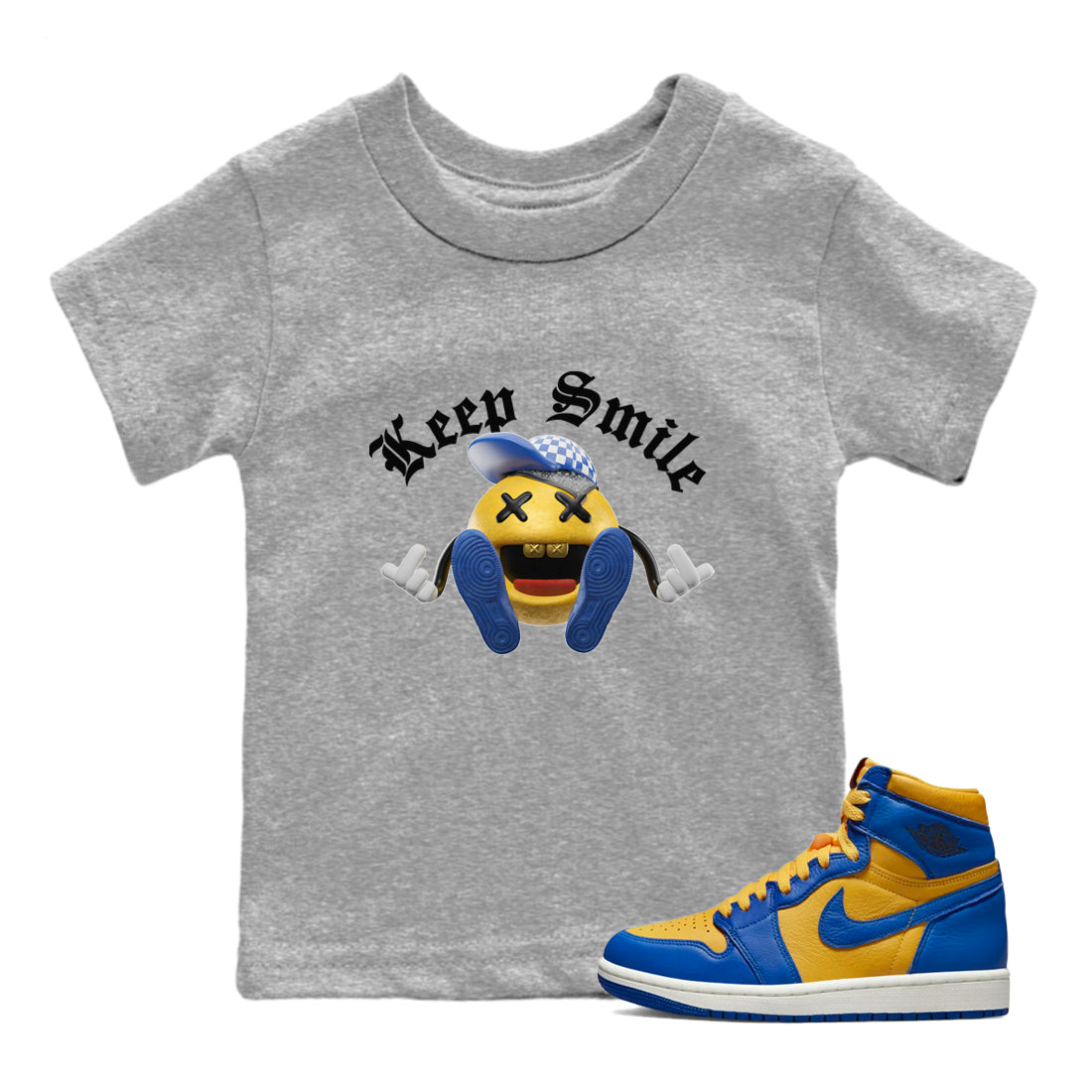Keep Smiling Kids Tops - Air Jordan 1 Game Royal Varsity Maize