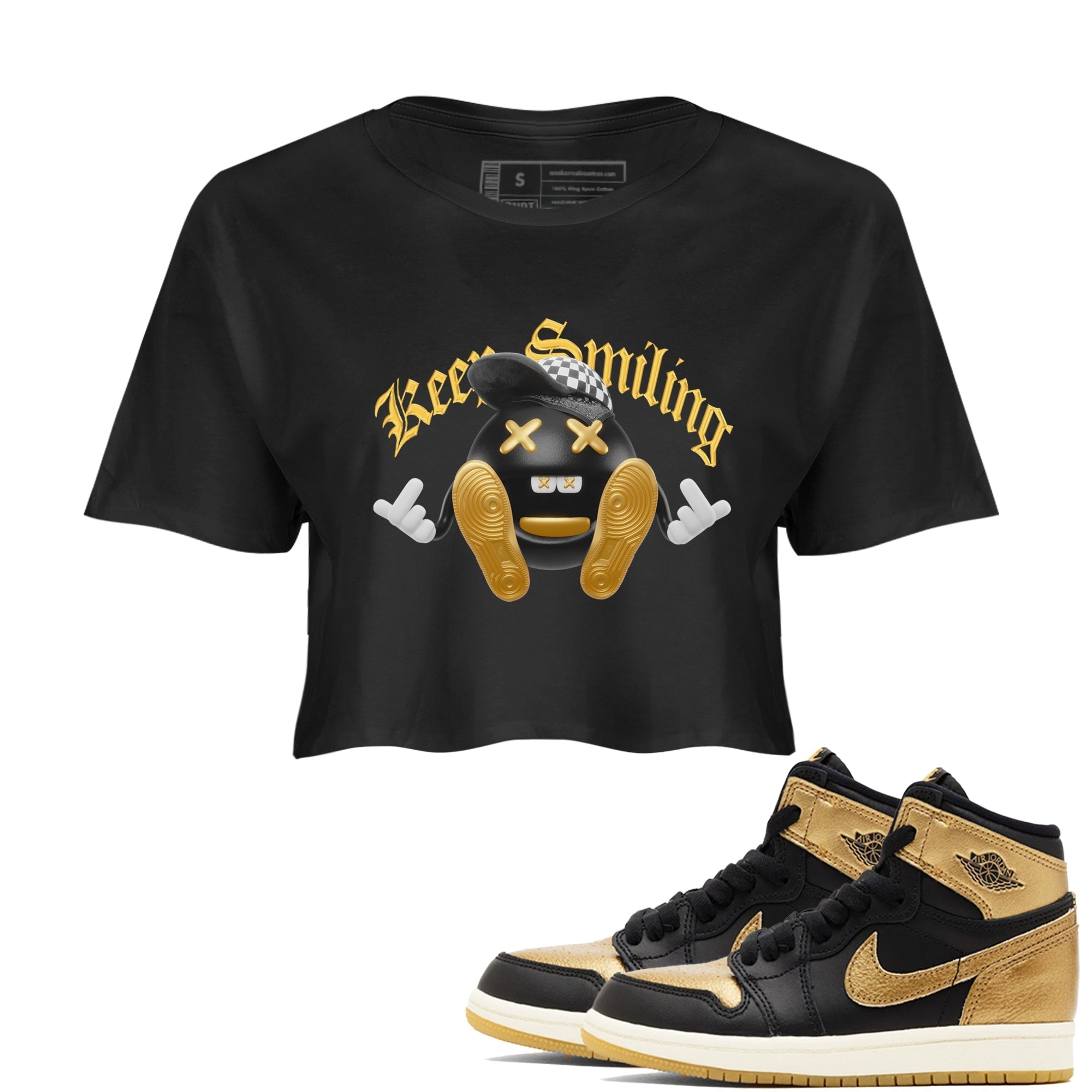 Keep Smiling snkmatch Women's Top - Air Jordan 1 Black Metallic Gold