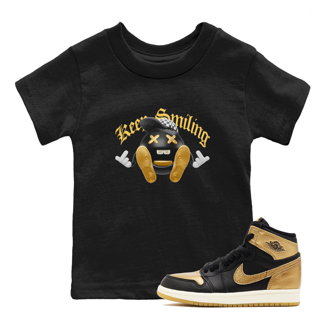 Keep Smiling snkmatch Tees Kids - Air Jordan 1 Black Metallic Gold