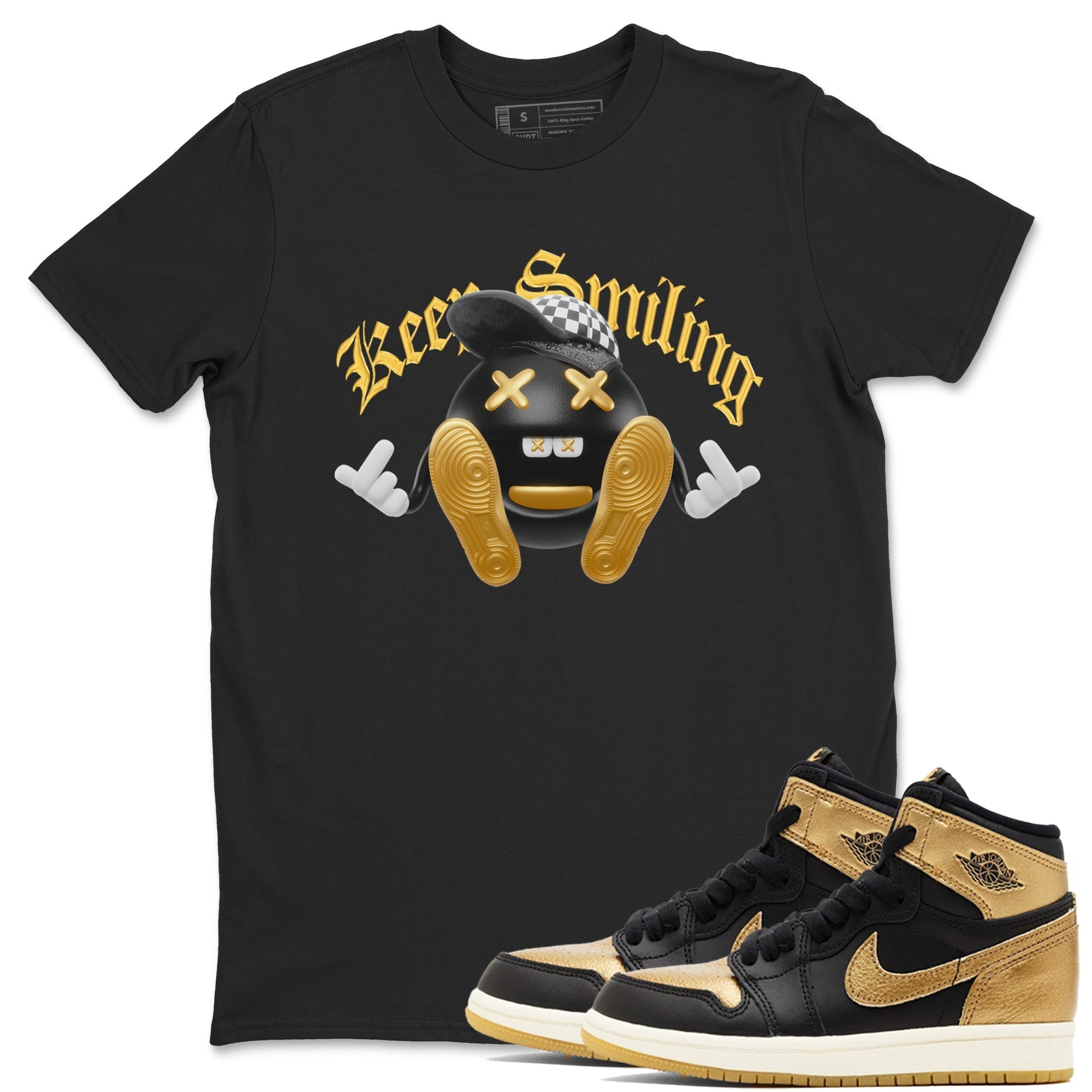 Keep Smiling snkmatch Tees - Air Jordan 1 Black Metallic Gold