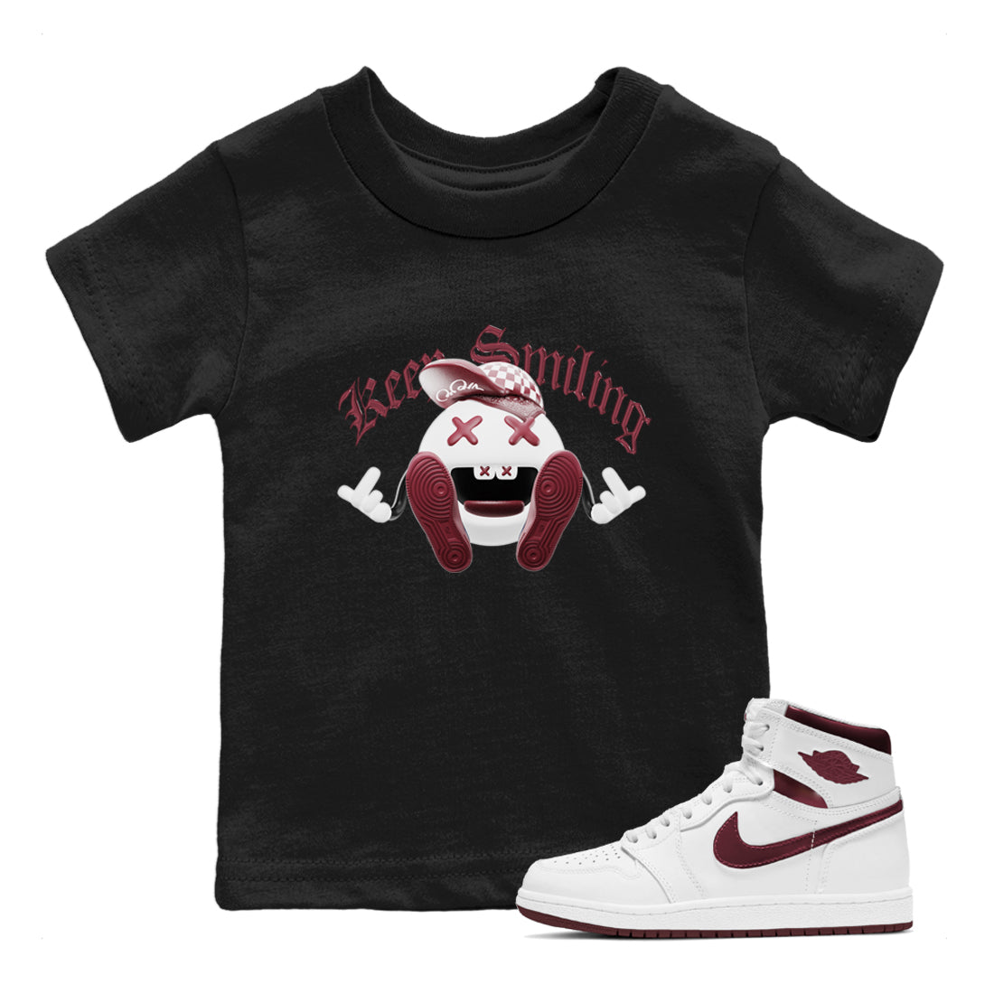 Keep Smiling snkmatch Tee Kids - Air Jordan 1 Metallic Burgundy