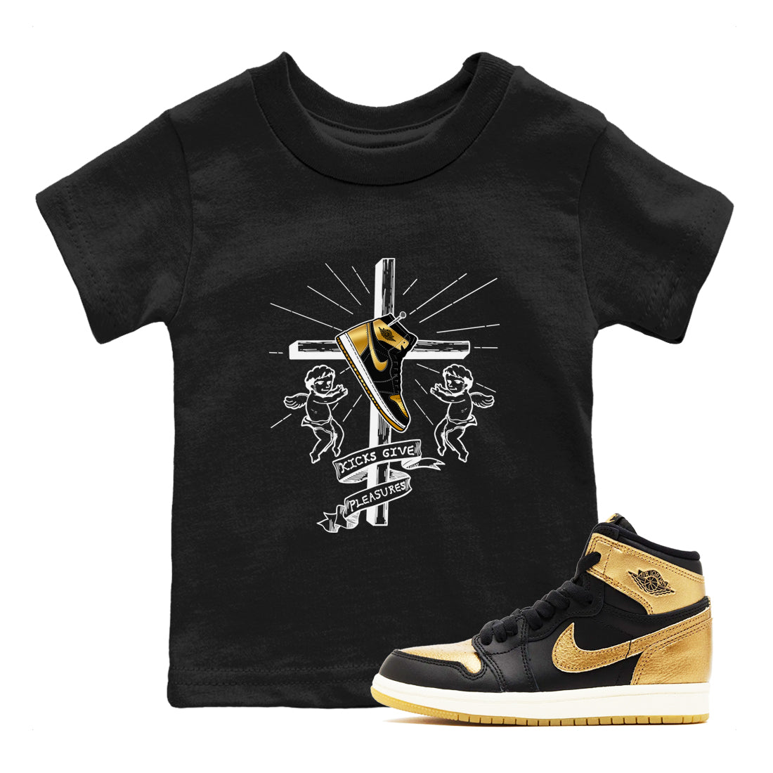 Kicks Give Pleasures snkmatch Tees Kids - Air Jordan 1 Black Metallic Gold