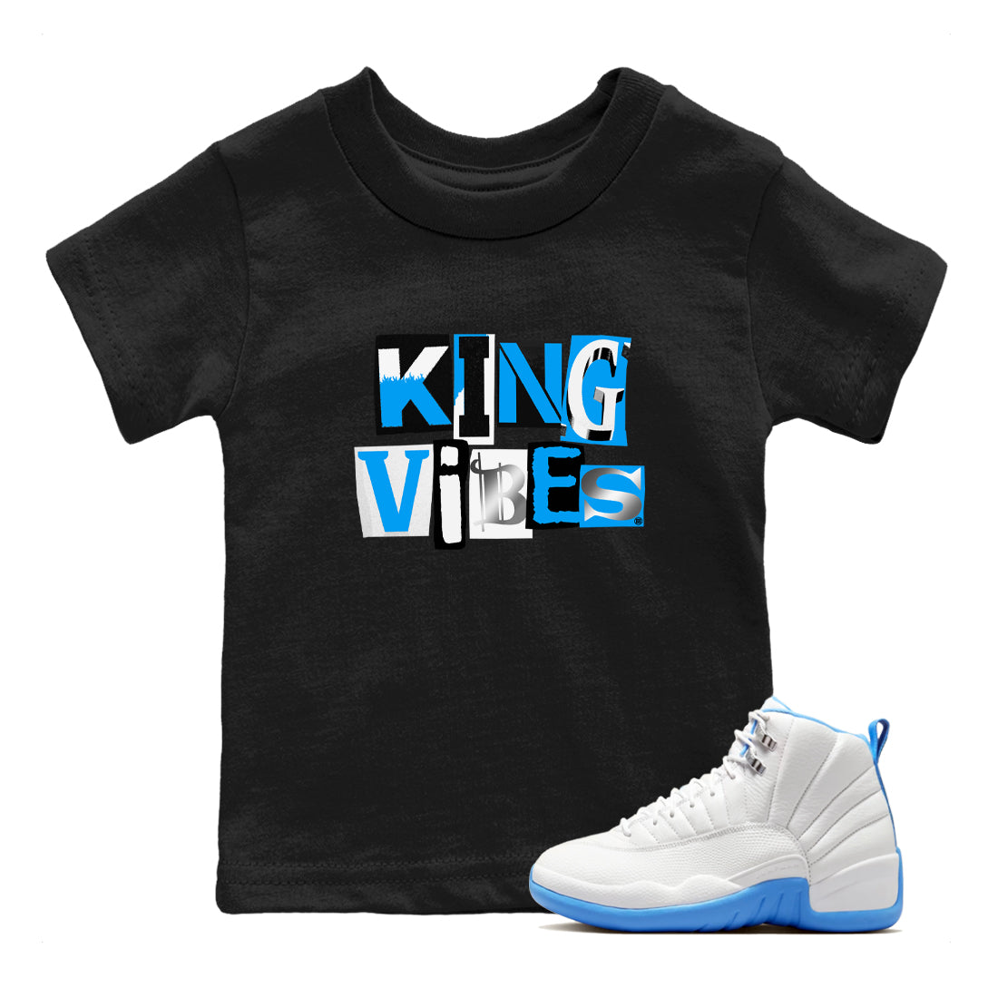 King Vibes snkmatch Tees Kids - Air Jordan 12 White and University Blue