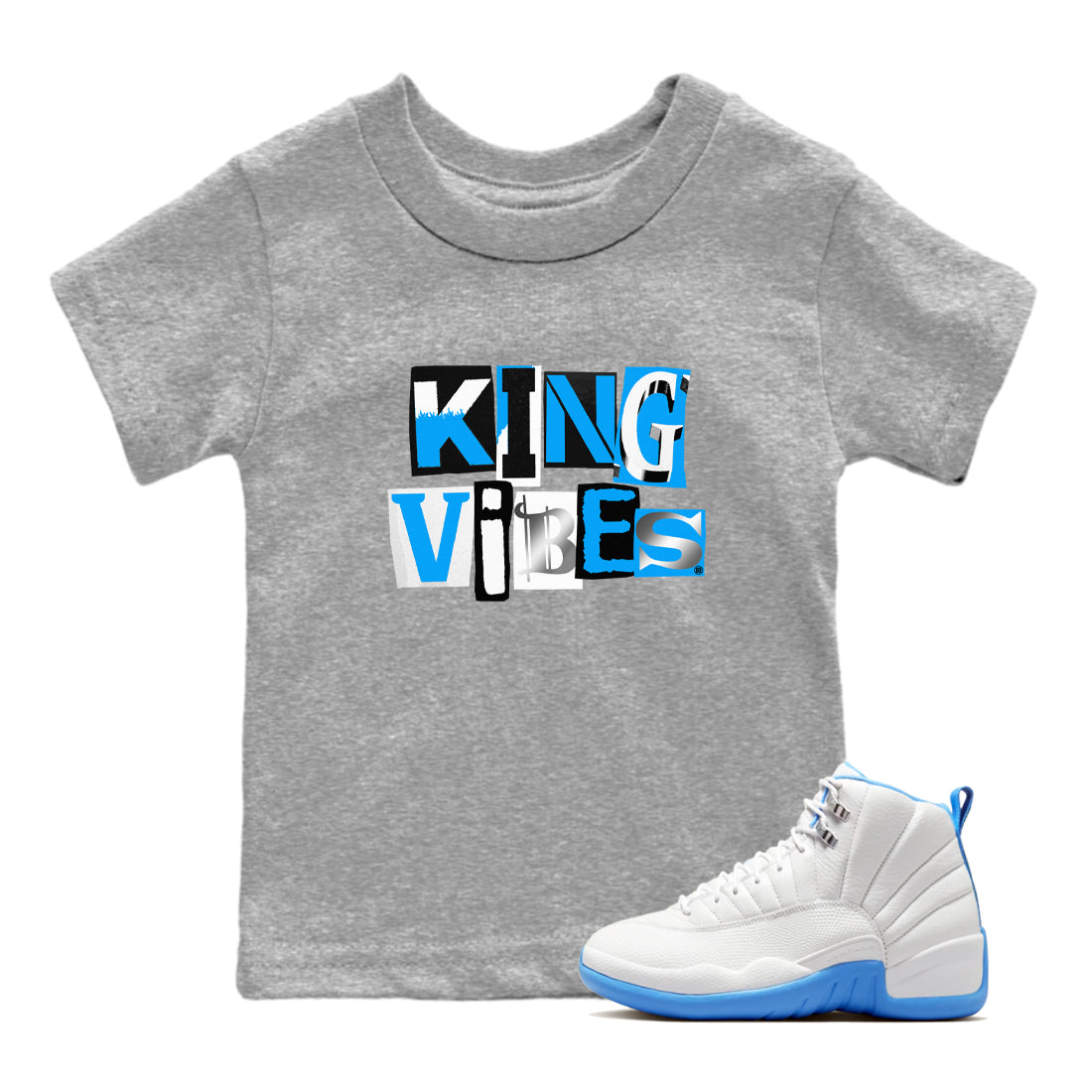 King Vibes snkmatch Tees Kids - Air Jordan 12 White and University Blue