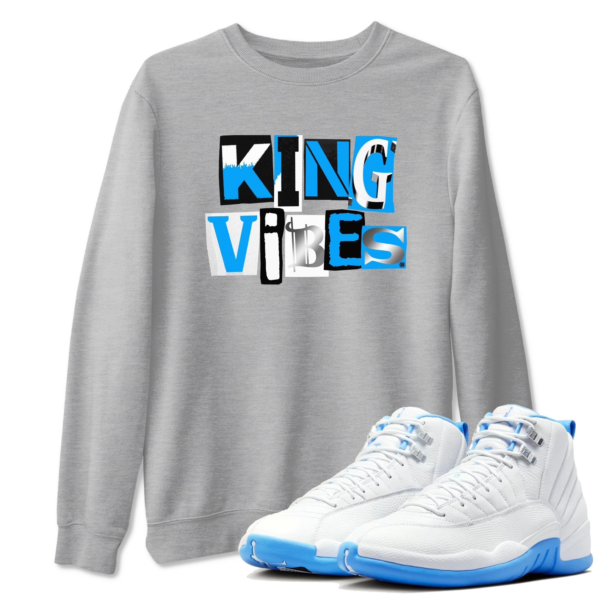 King Vibes snkmatch Tees - Air Jordan 12 White and University Blue