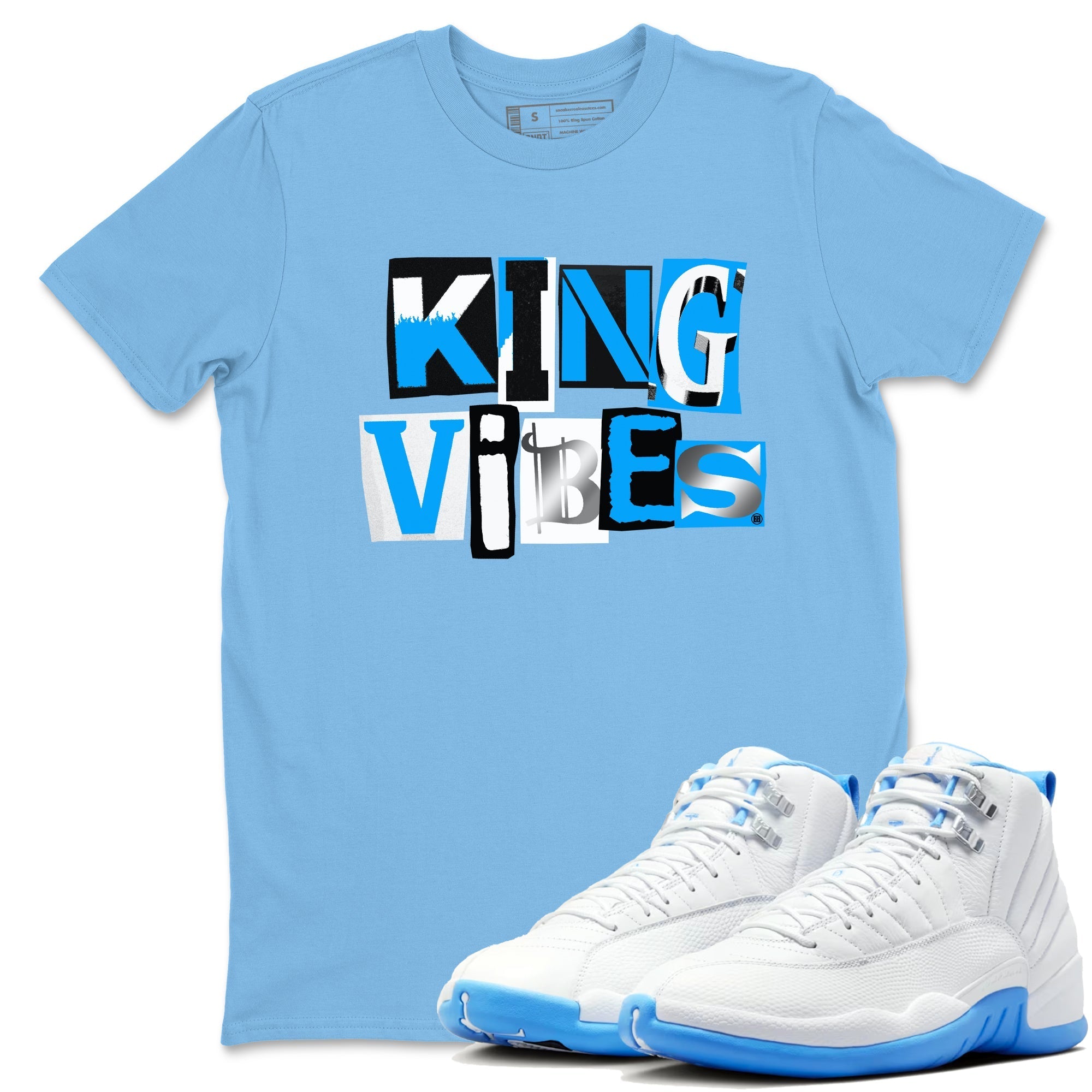 King Vibes snkmatch Tees - Air Jordan 12 White and University Blue