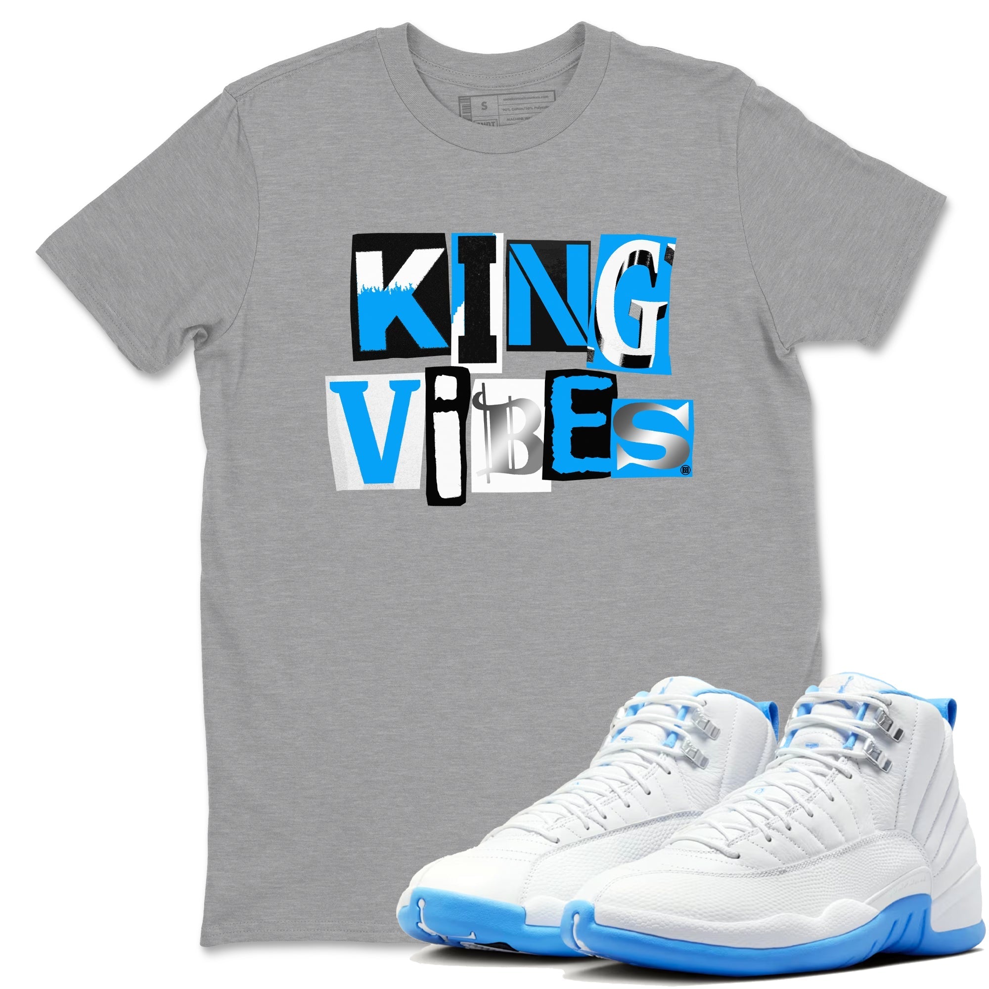 King Vibes snkmatch Tees - Air Jordan 12 White and University Blue