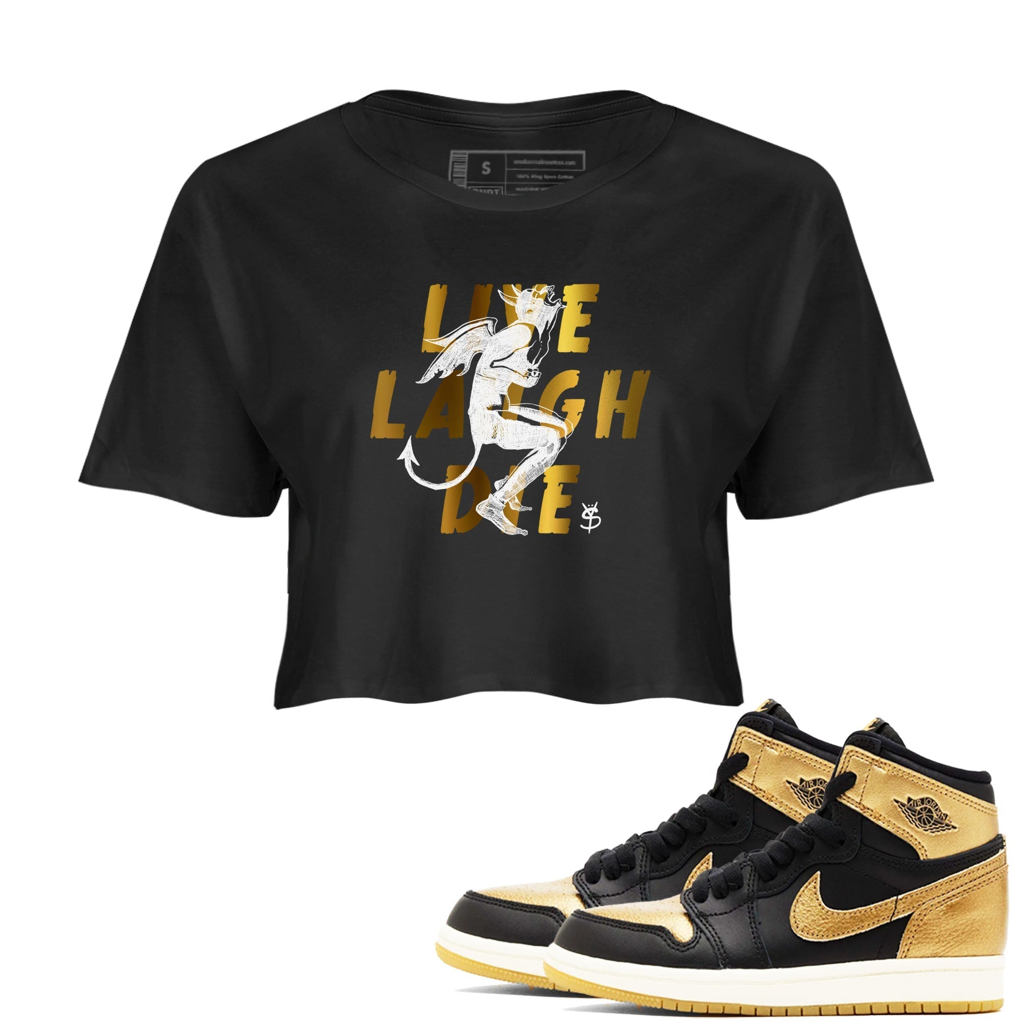 Laughing Devil snkmatch Women's Top - Air Jordan 1 Black Metallic Gold