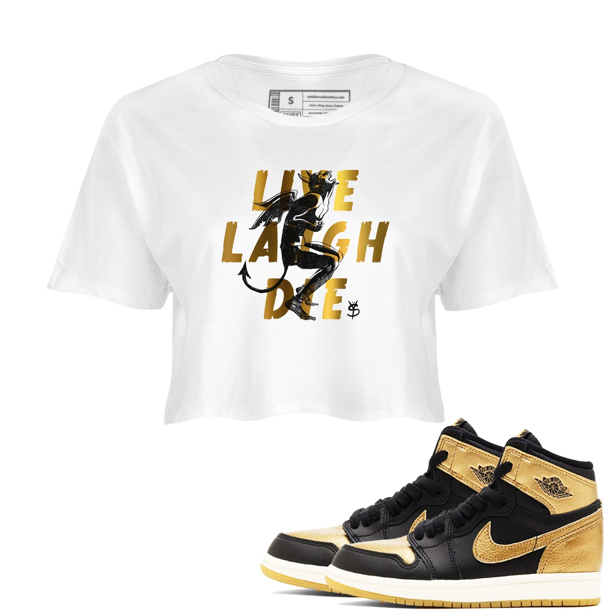 Laughing Devil snkmatch Women's Top - Air Jordan 1 Black Metallic Gold