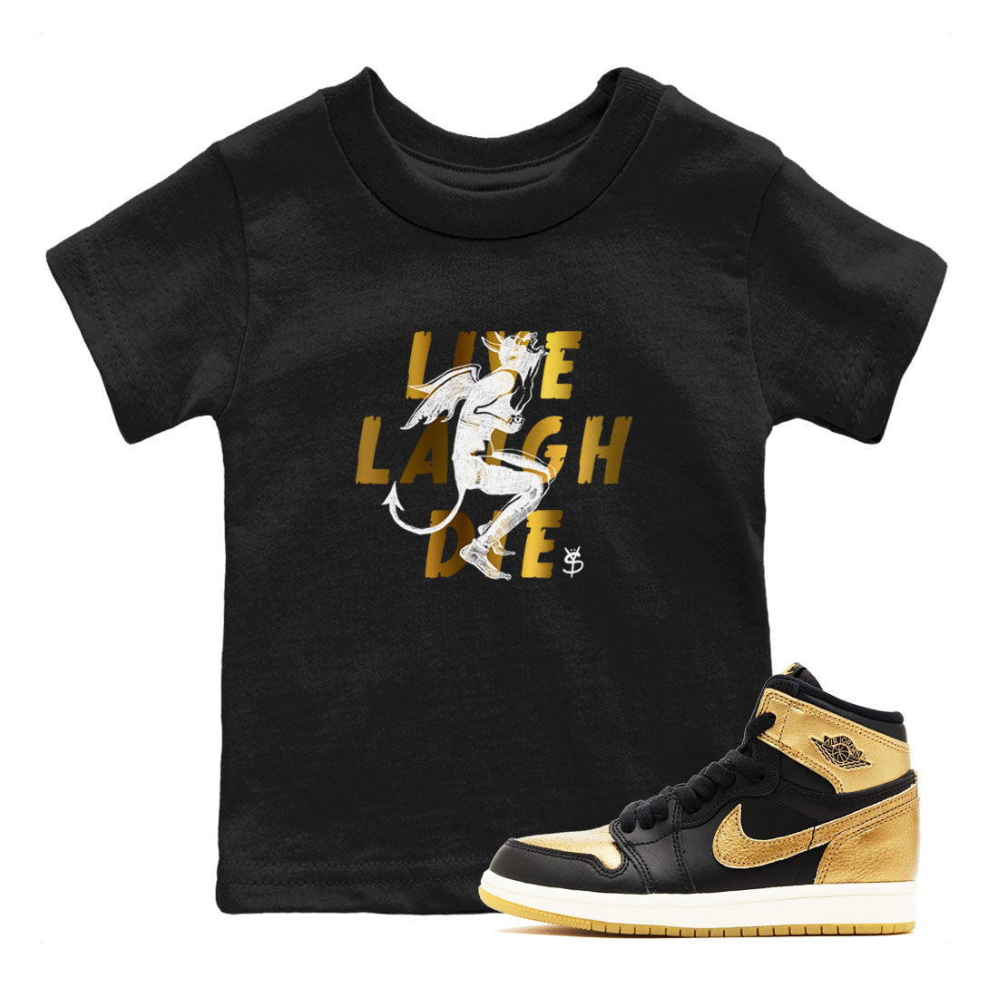 Laughing Devil snkmatch Tees Kids - Air Jordan 1 Black Metallic Gold