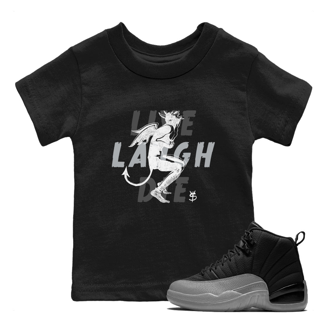 Laughing Devil snkmatch Tees Kids - Air Jordan 12 Black Wolf Grey