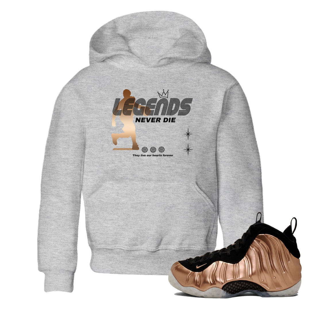 Legends Never Die snkmatch Tees Kids - Air Foamposite One Metallic Copper