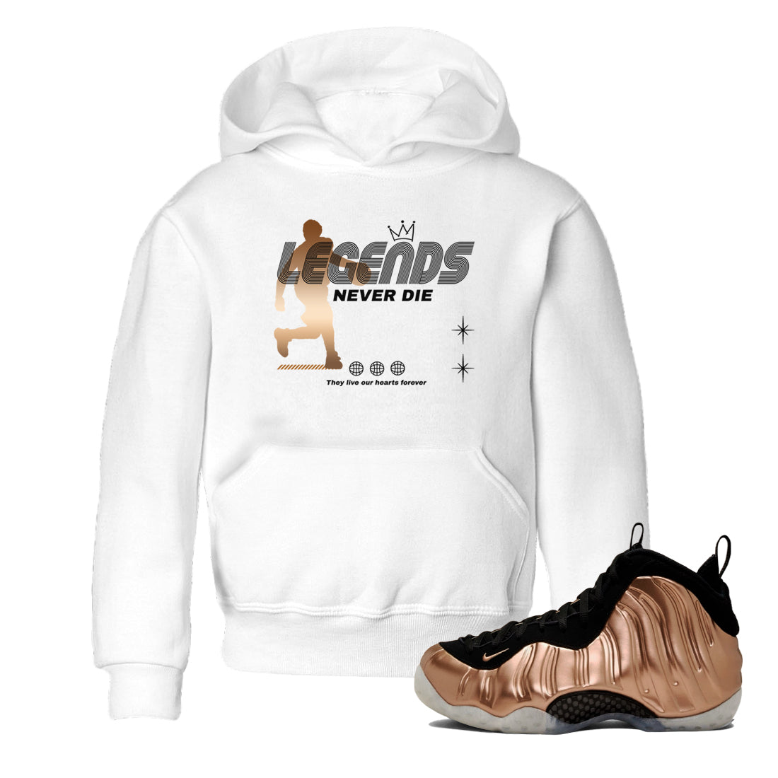 Legends Never Die snkmatch Tees Kids - Air Foamposite One Metallic Copper