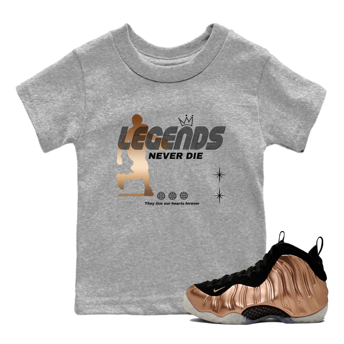 Legends Never Die snkmatch Tees Kids - Air Foamposite One Metallic Copper