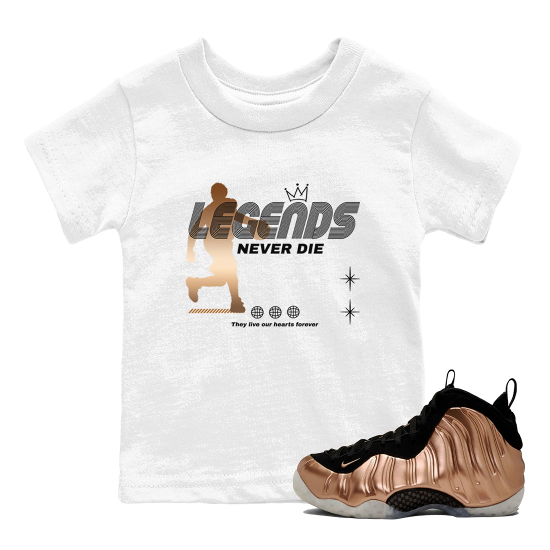 Legends Never Die snkmatch Tees Kids - Air Foamposite One Metallic Copper