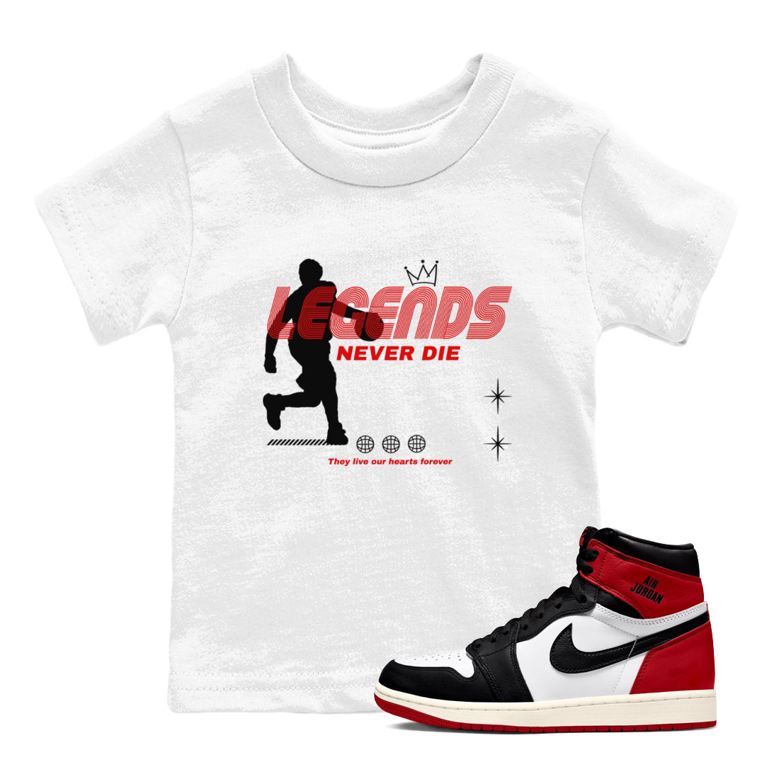 Legends Never Die snkmatch Tees Kids - Air Jordan 1 Black Toe Reimagined