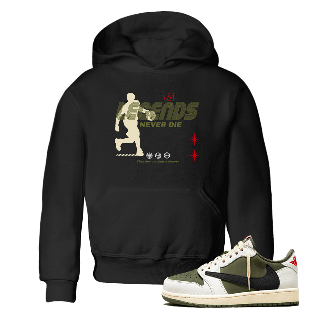 Legends Never Die snkmatch Tees Kids - Air Jordan 1 Travis Scott Medium Olive