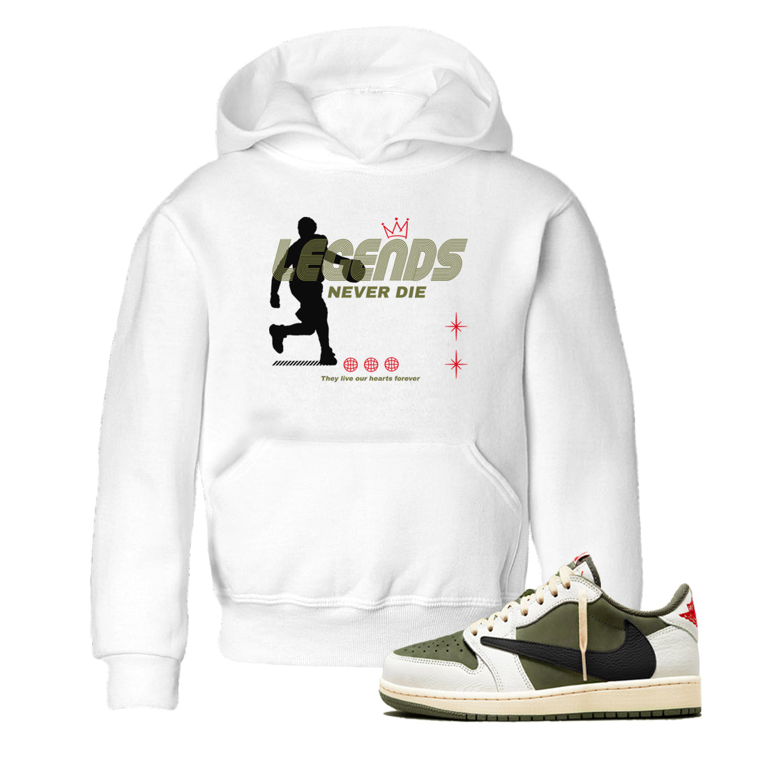 Legends Never Die snkmatch Tees Kids - Air Jordan 1 Travis Scott Medium Olive