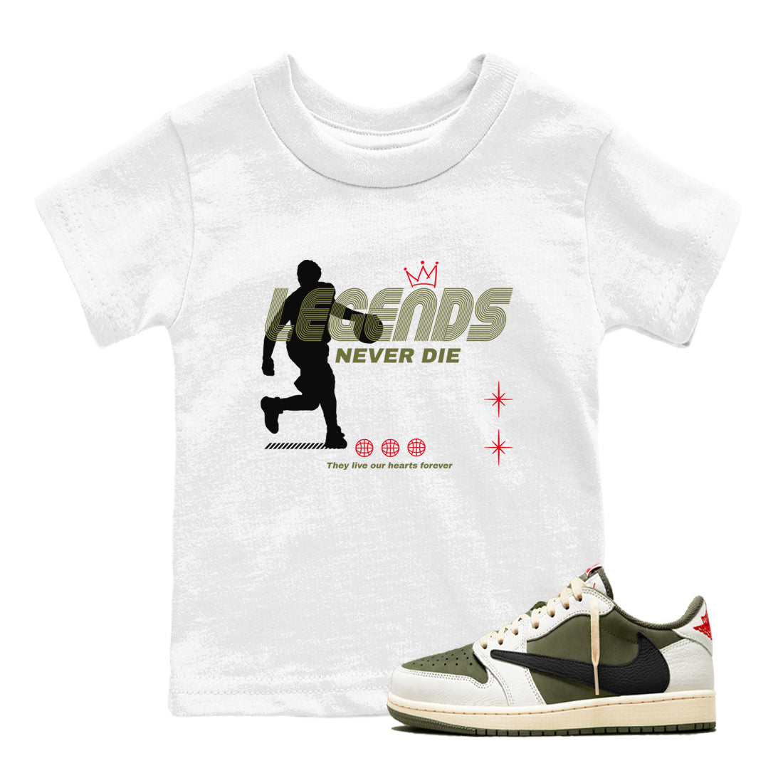 Legends Never Die snkmatch Tees Kids - Air Jordan 1 Travis Scott Medium Olive