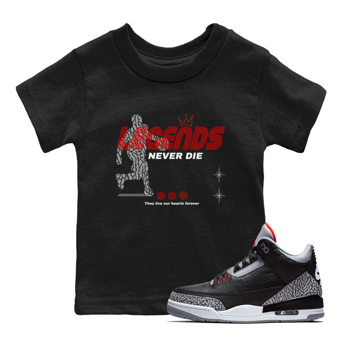 Legends Never Die snkmatch Tees Kids - Air Jordan 3 Black Cement