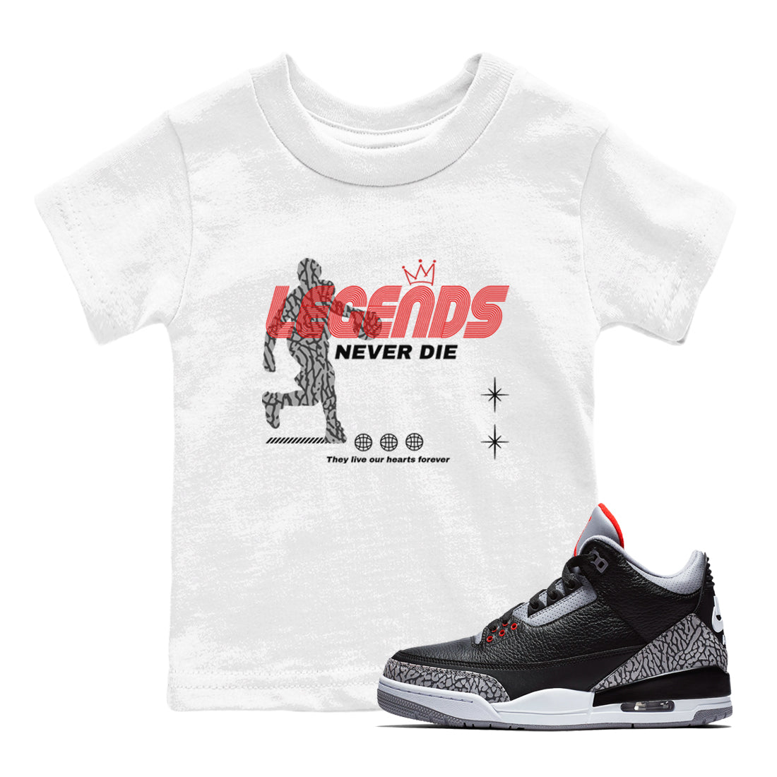 Legends Never Die snkmatch Tees Kids - Air Jordan 3 Black Cement