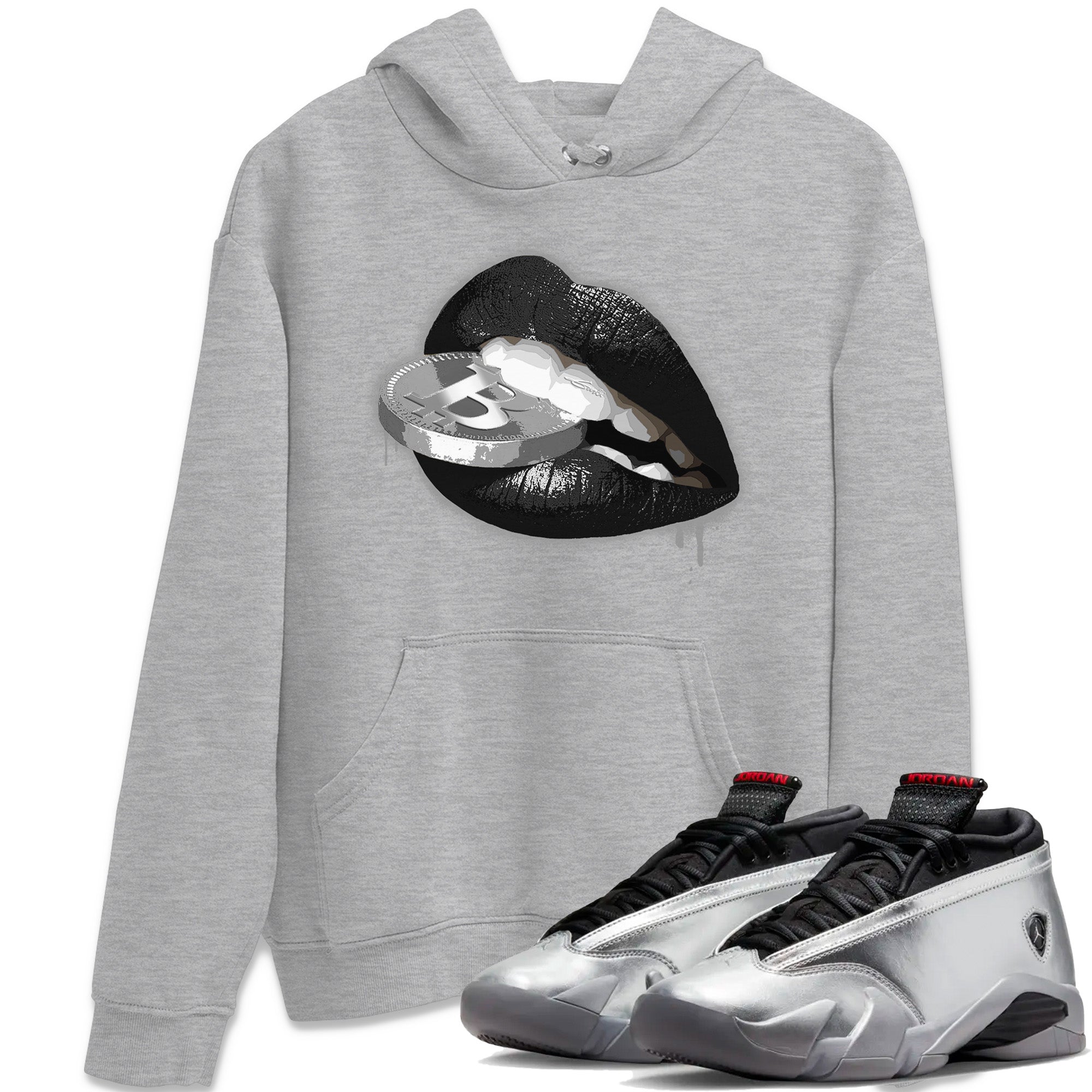 Lips Coin Unisex Tops - Air Jordan 14 Metallic Silver