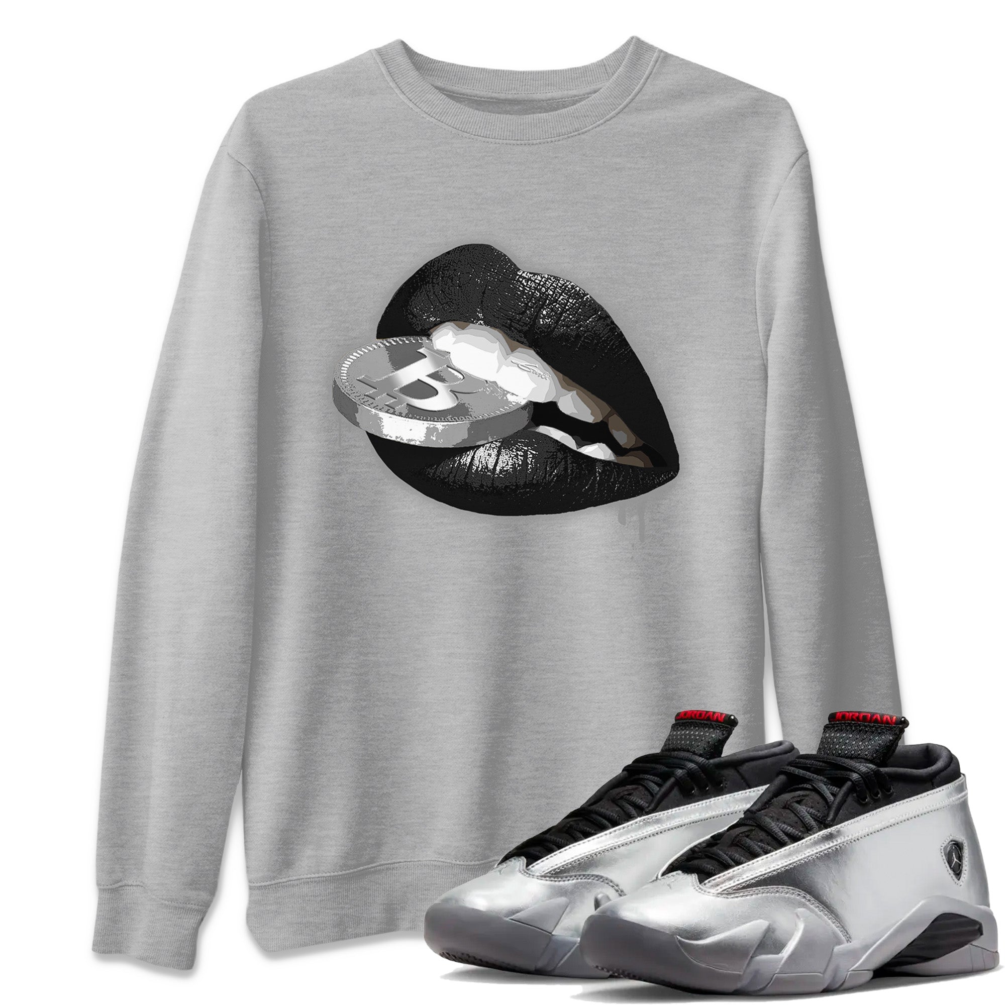 Lips Coin Unisex Tops - Air Jordan 14 Metallic Silver