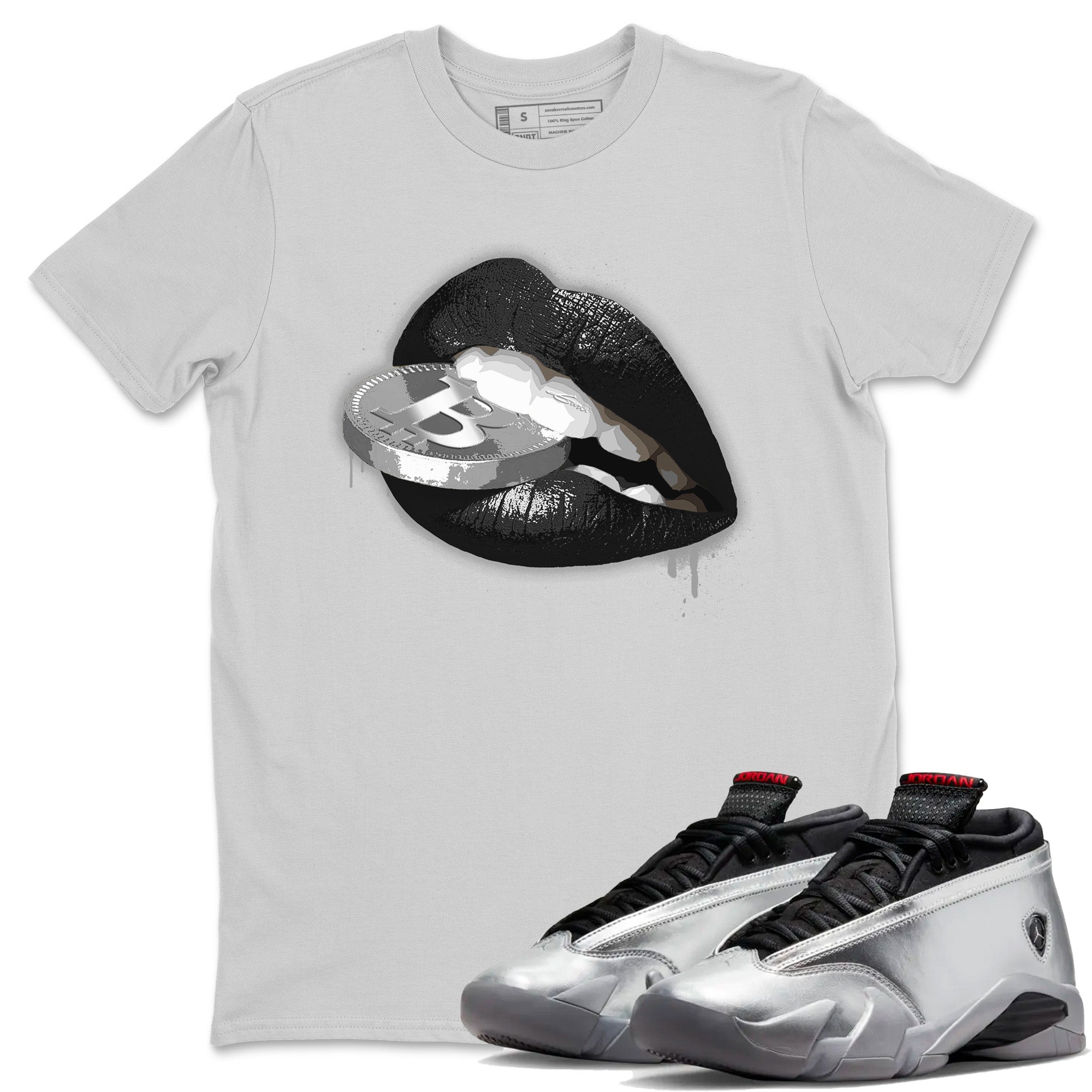 Lips Coin Unisex Tops - Air Jordan 14 Metallic Silver