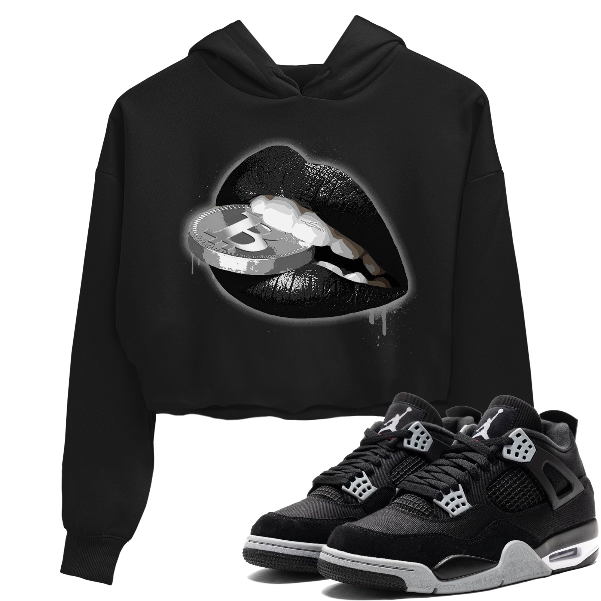 Lips Coin Women's Tops - Air Jordan 4 Black Canvas