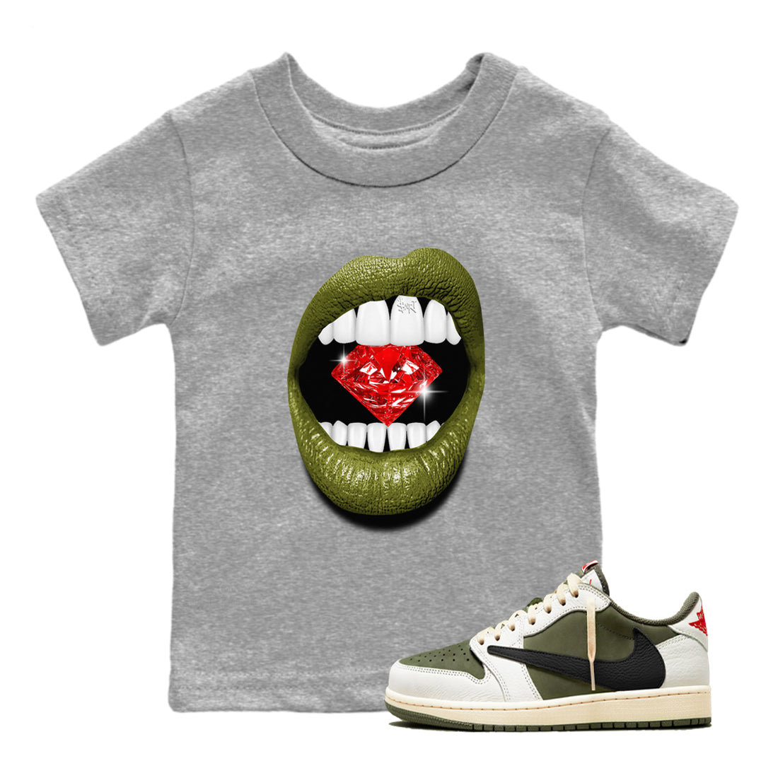 Lips Diamond snkmatch Tees Kids - Air Jordan 1 Travis Scott Medium Olive