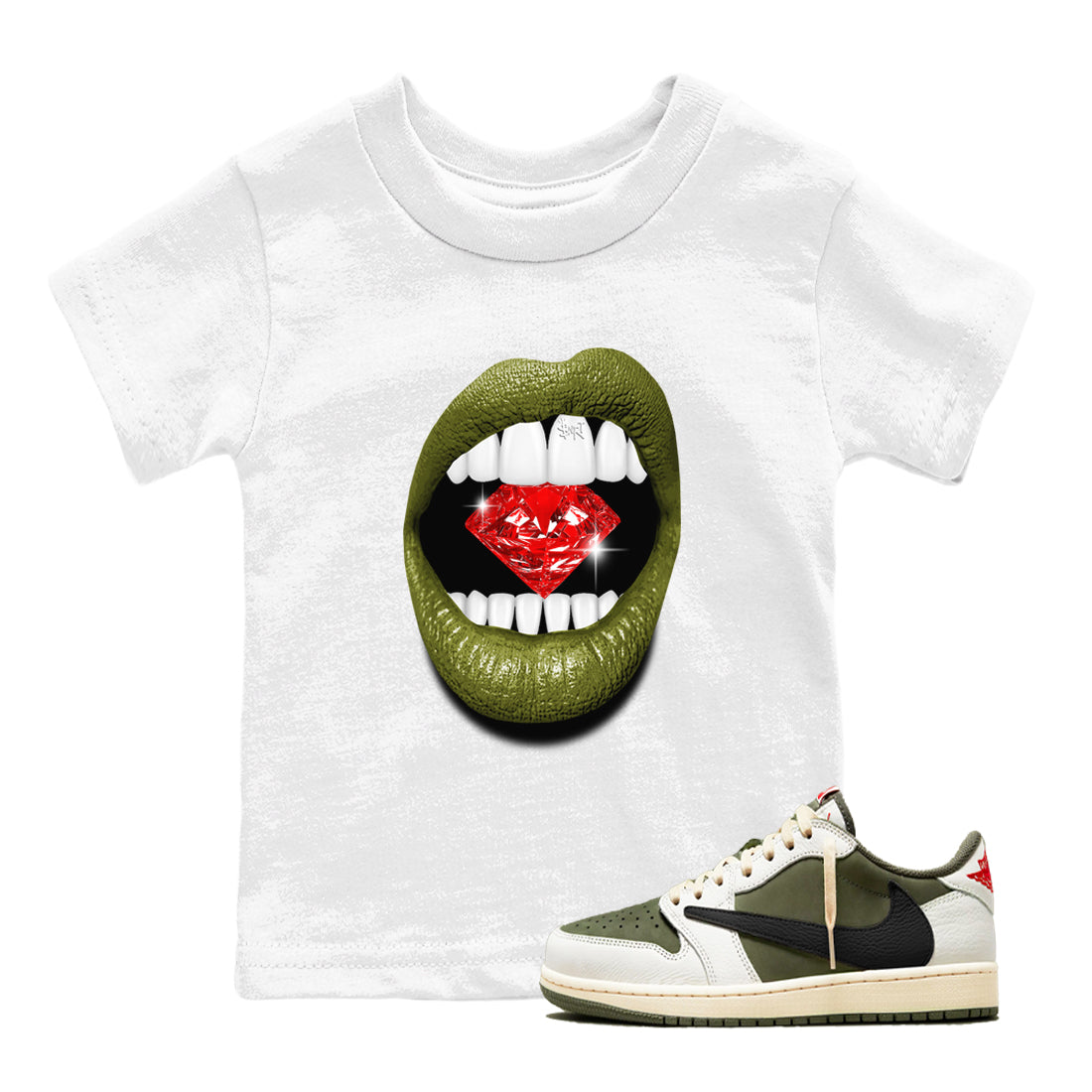 Lips Diamond snkmatch Tees Kids - Air Jordan 1 Travis Scott Medium Olive