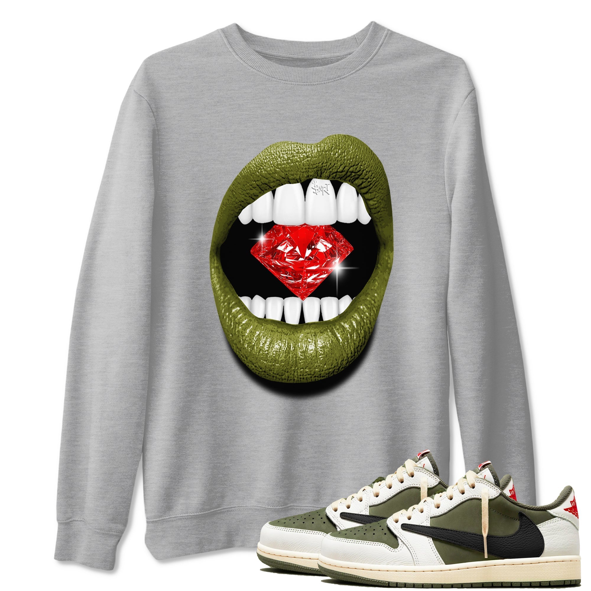 Lips Diamond snkmatch Tees - Air Jordan 1 Travis Scott Medium Olive