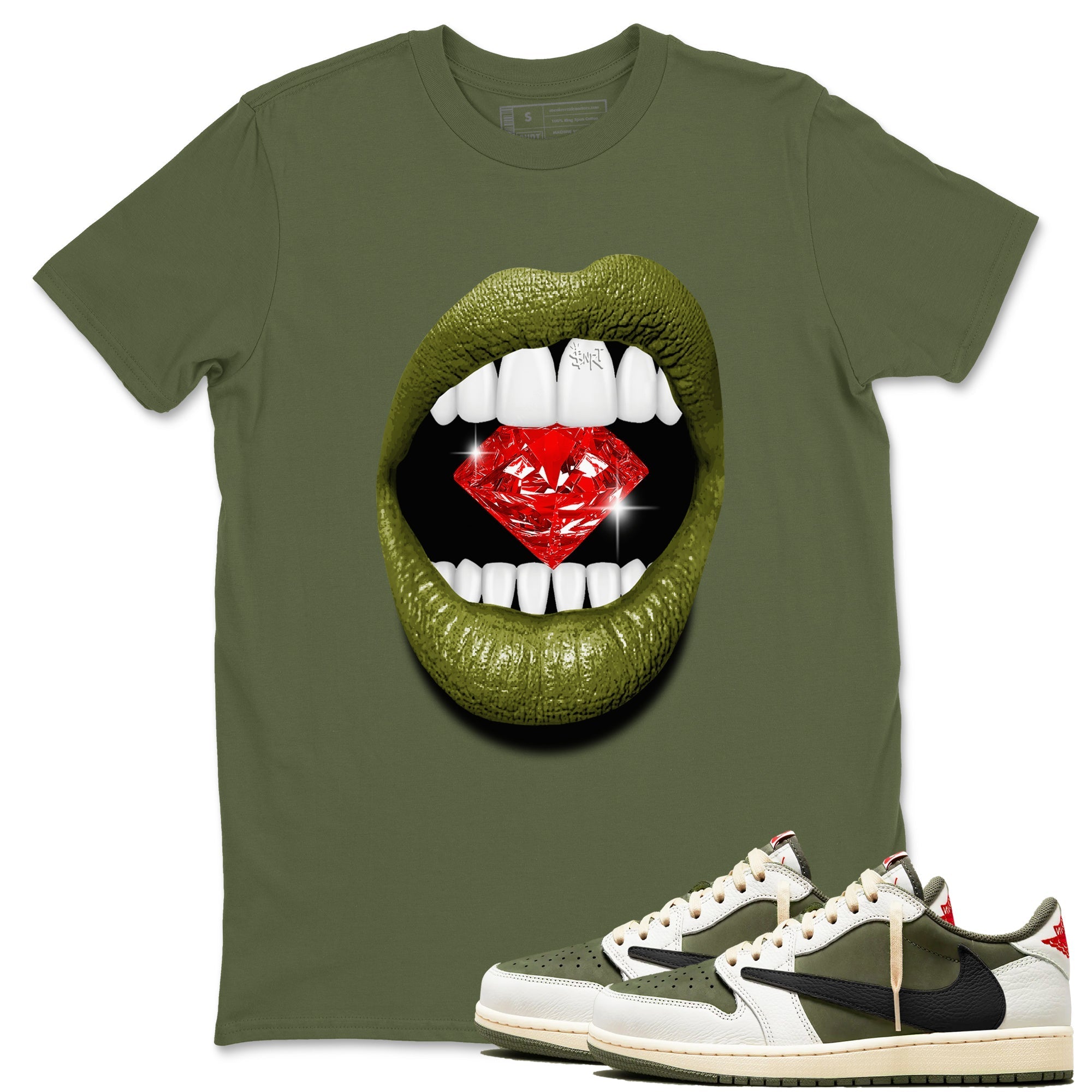 Lips Diamond snkmatch Tees - Air Jordan 1 Travis Scott Medium Olive