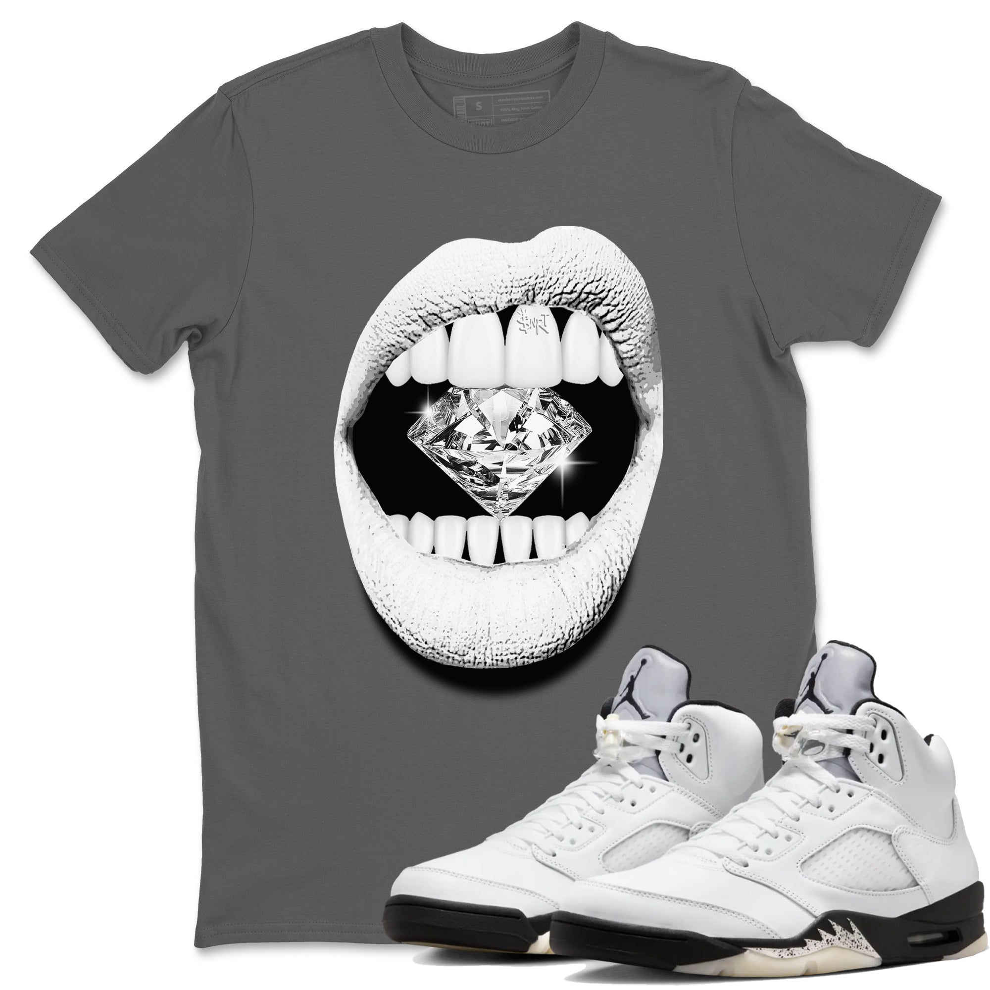 Lips Diamond snkmatch Tees - Air Jordan 5 White Black
