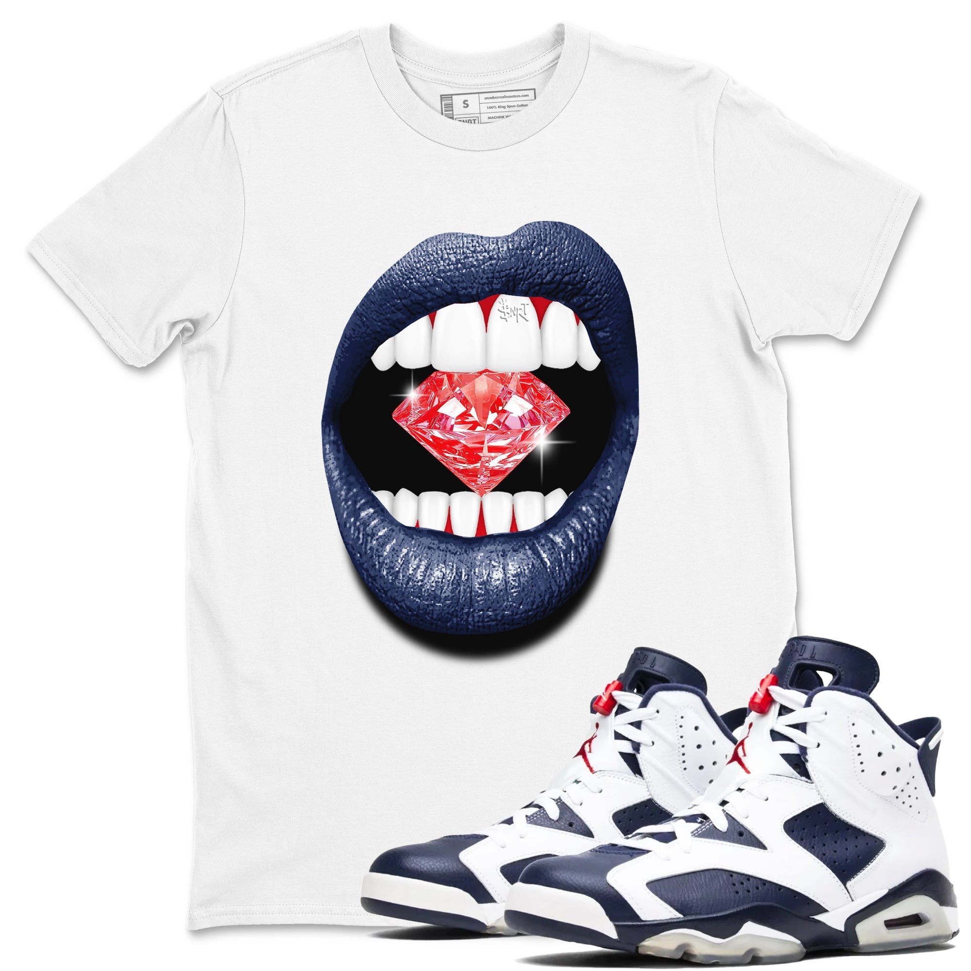 Lips Diamond snkmatch Tees - Air Jordan 6 White And Midnight Navy