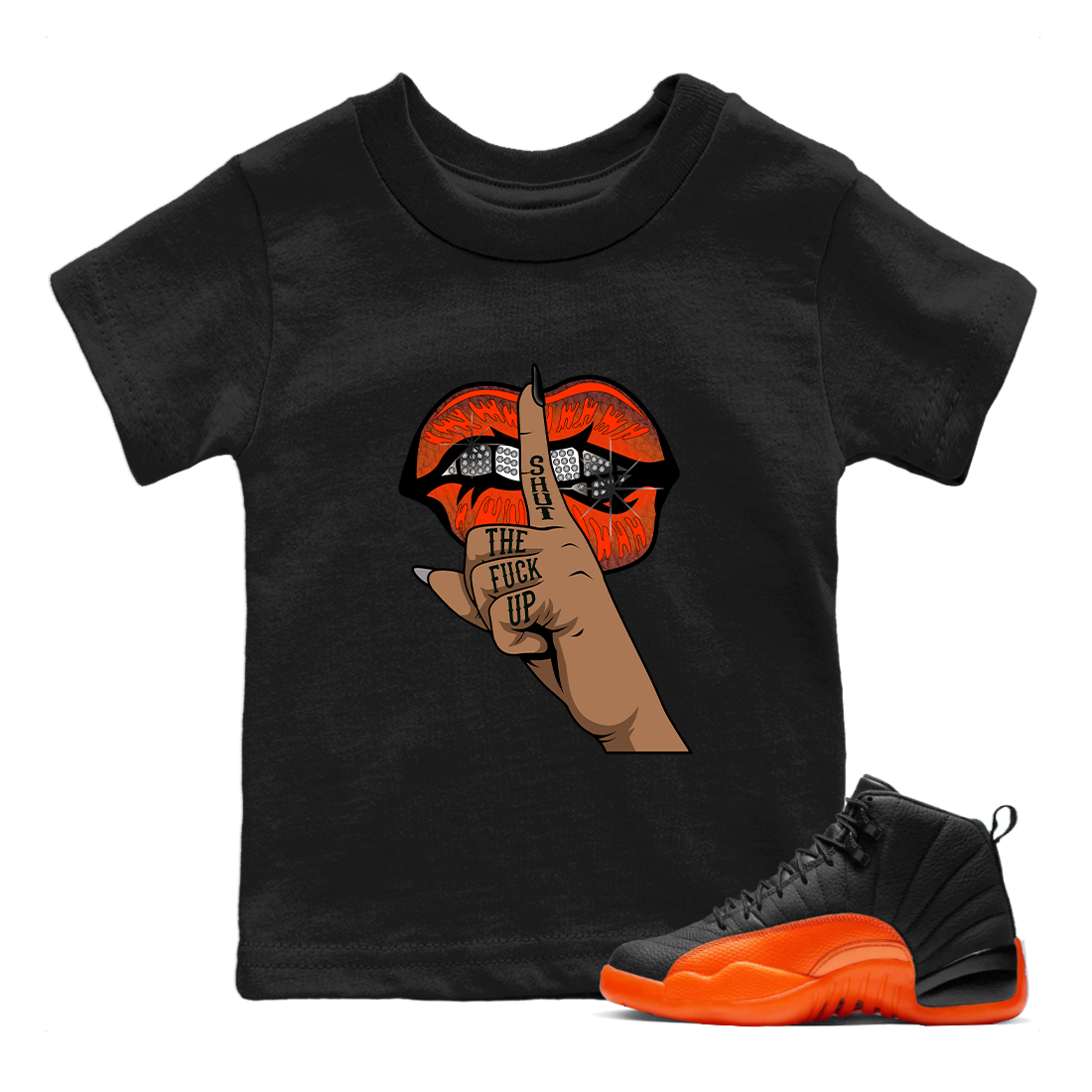 Lips Hand Kids Tops - Air Jordan 12 Brilliant Orange