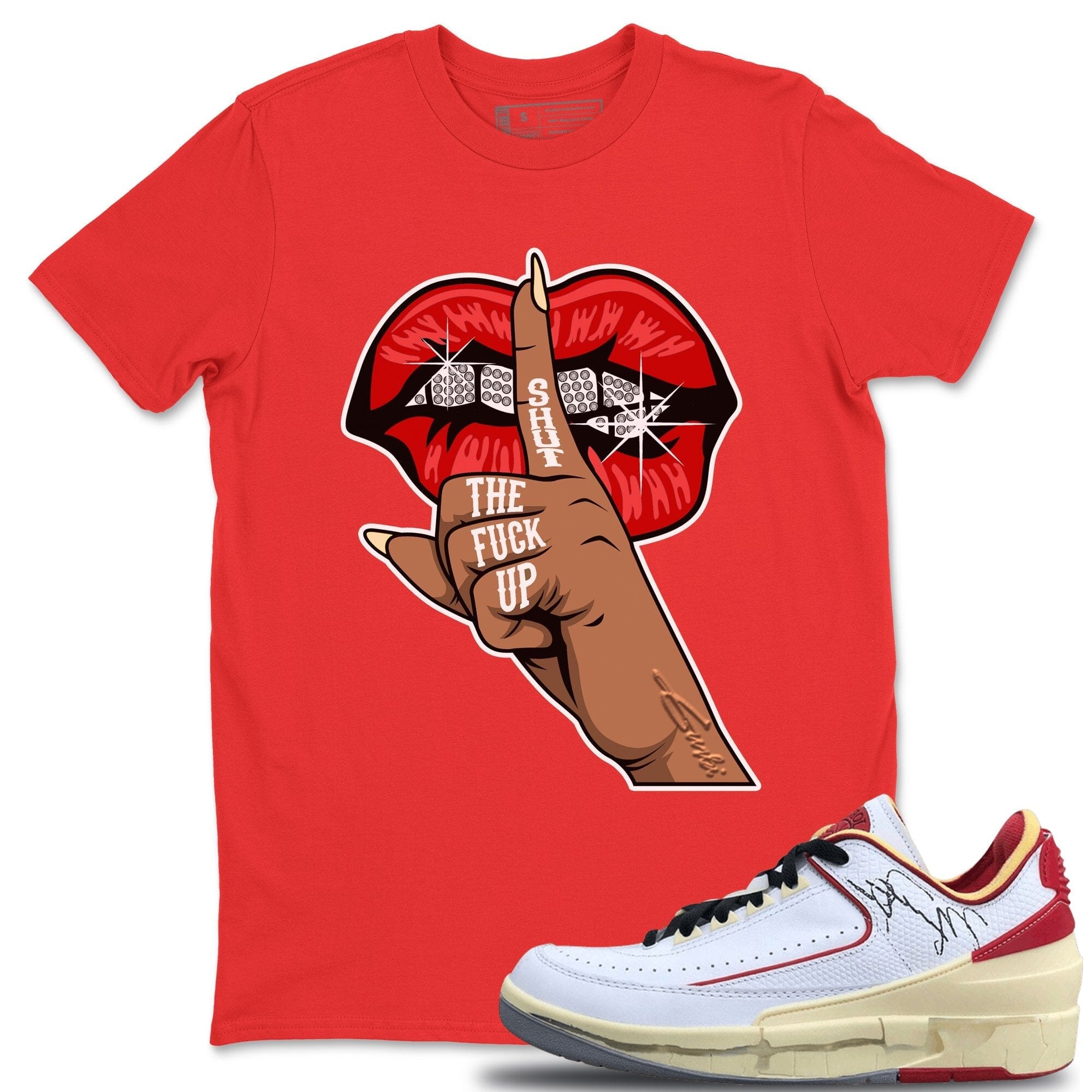Lips Hand Unisex Tops - Air Jordan 2 OFF-WHITE Varsity Red