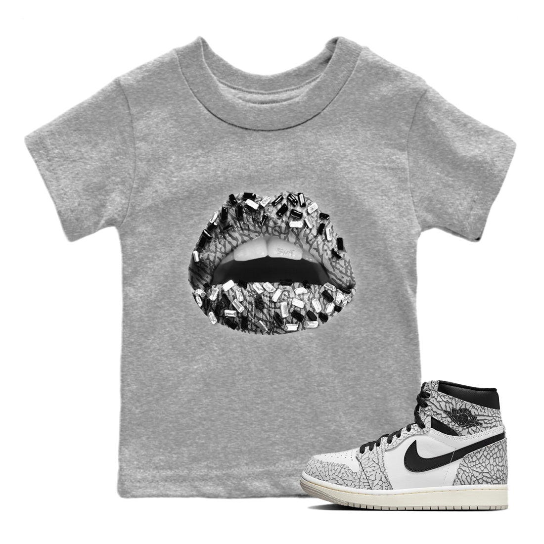 Lips Jewel Kids Tops - Air Jordan 1 White Cement