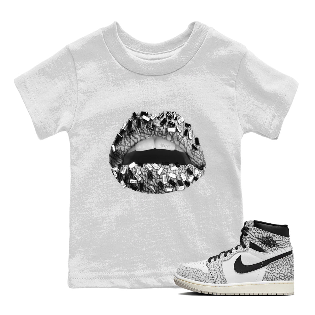Lips Jewel Kids Tops - Air Jordan 1 White Cement