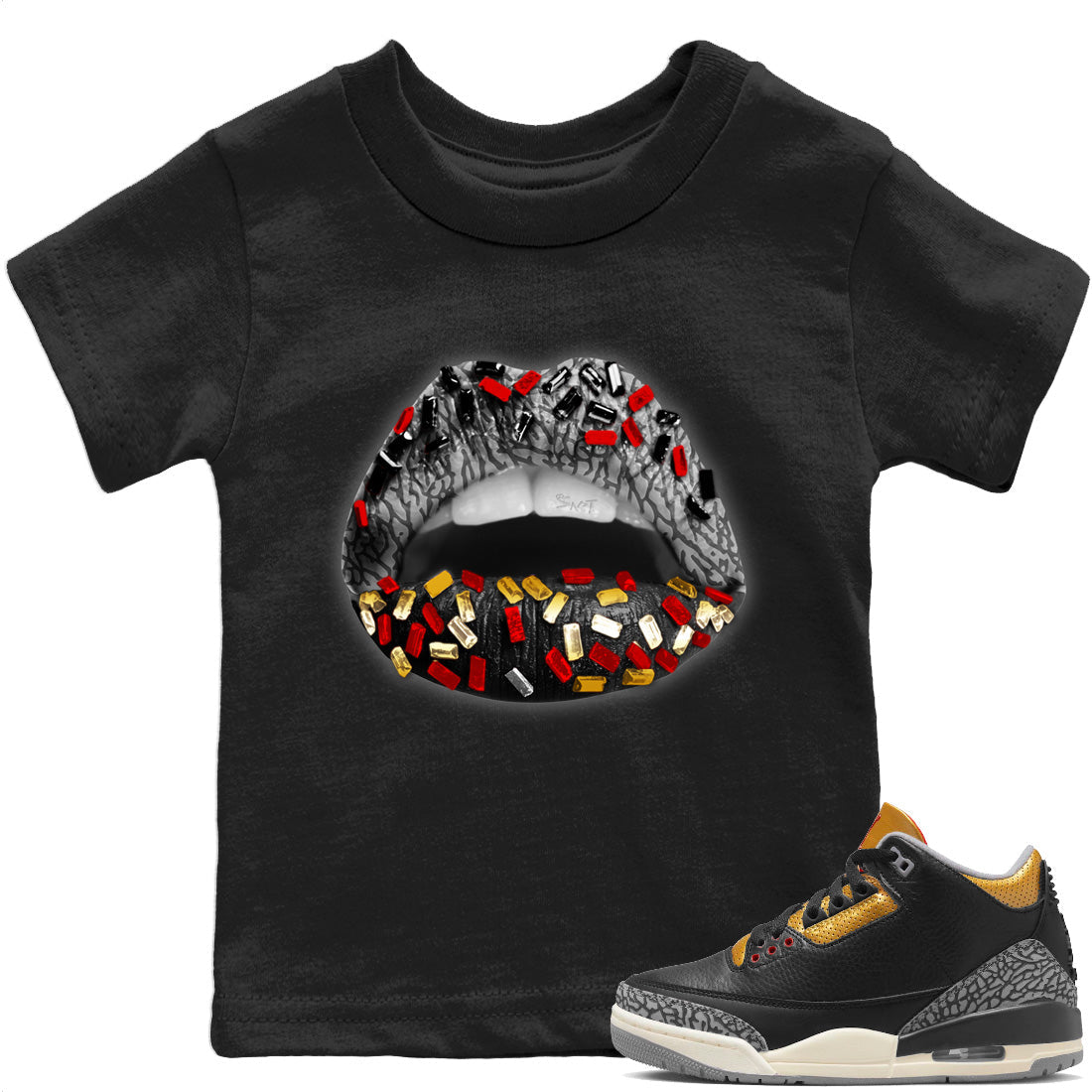 Lips Jewel Kids Tops - Air Jordan 3 Black Gold