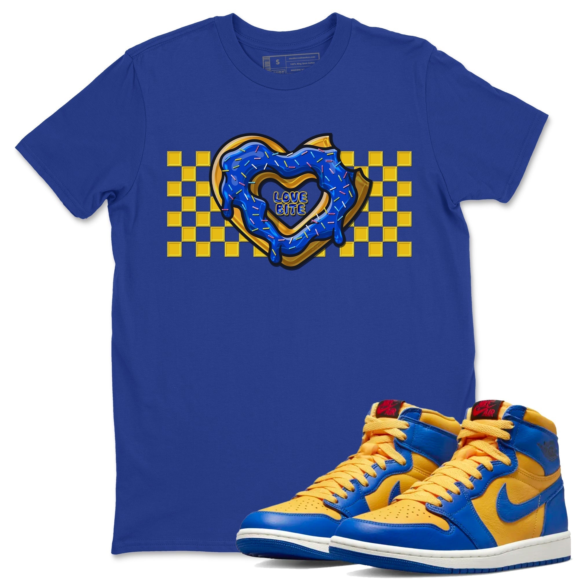 Love Bite Unisex Tops - Air Jordan 1 Game Royal Varsity Maize