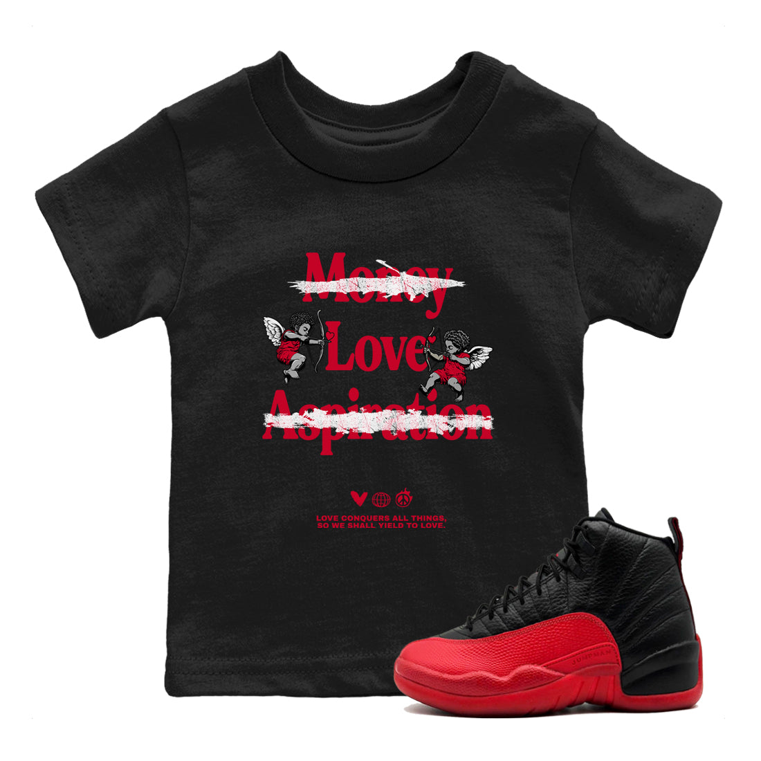 Love Conquers All Things snkmatch Tees Kids - Air Jordan 12 Flu Game