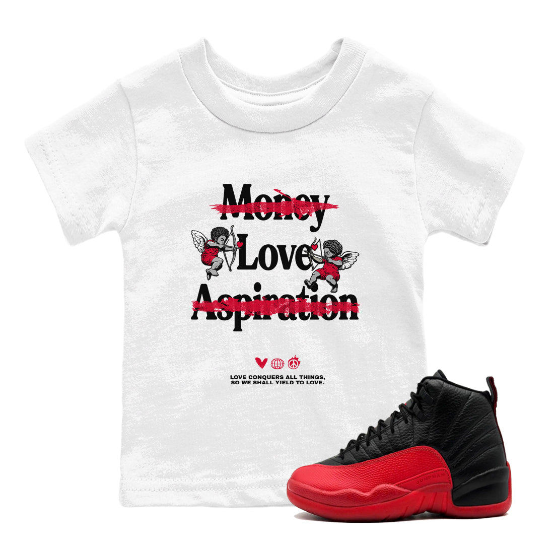 Love Conquers All Things snkmatch Tees Kids - Air Jordan 12 Flu Game