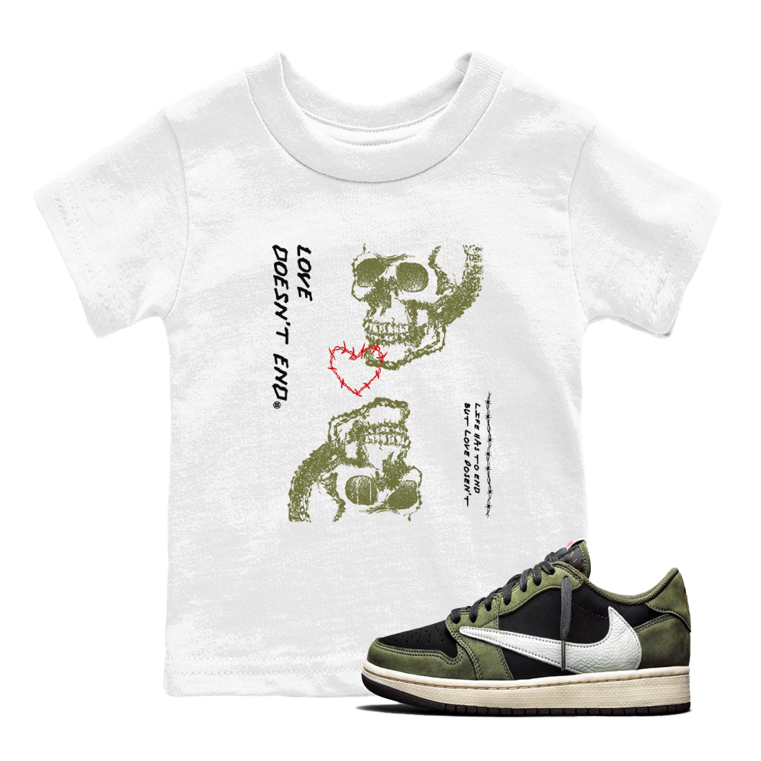 Love Doesn't End snkmatch Tees Kids - Air Jordan 1 Travis Scott Medium Olive