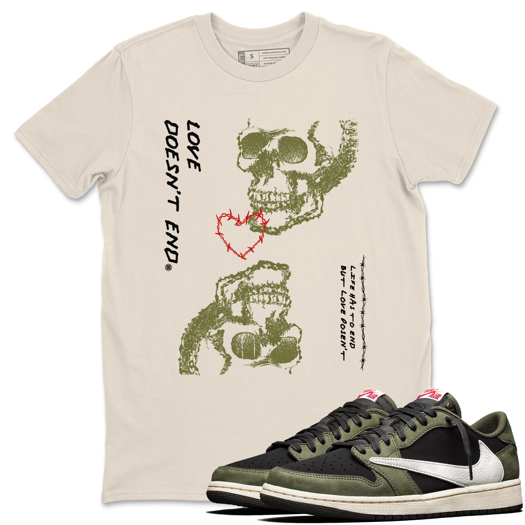 Love Doesn't End snkmatch Tees - Air Jordan 1 Travis Scott Medium Olive