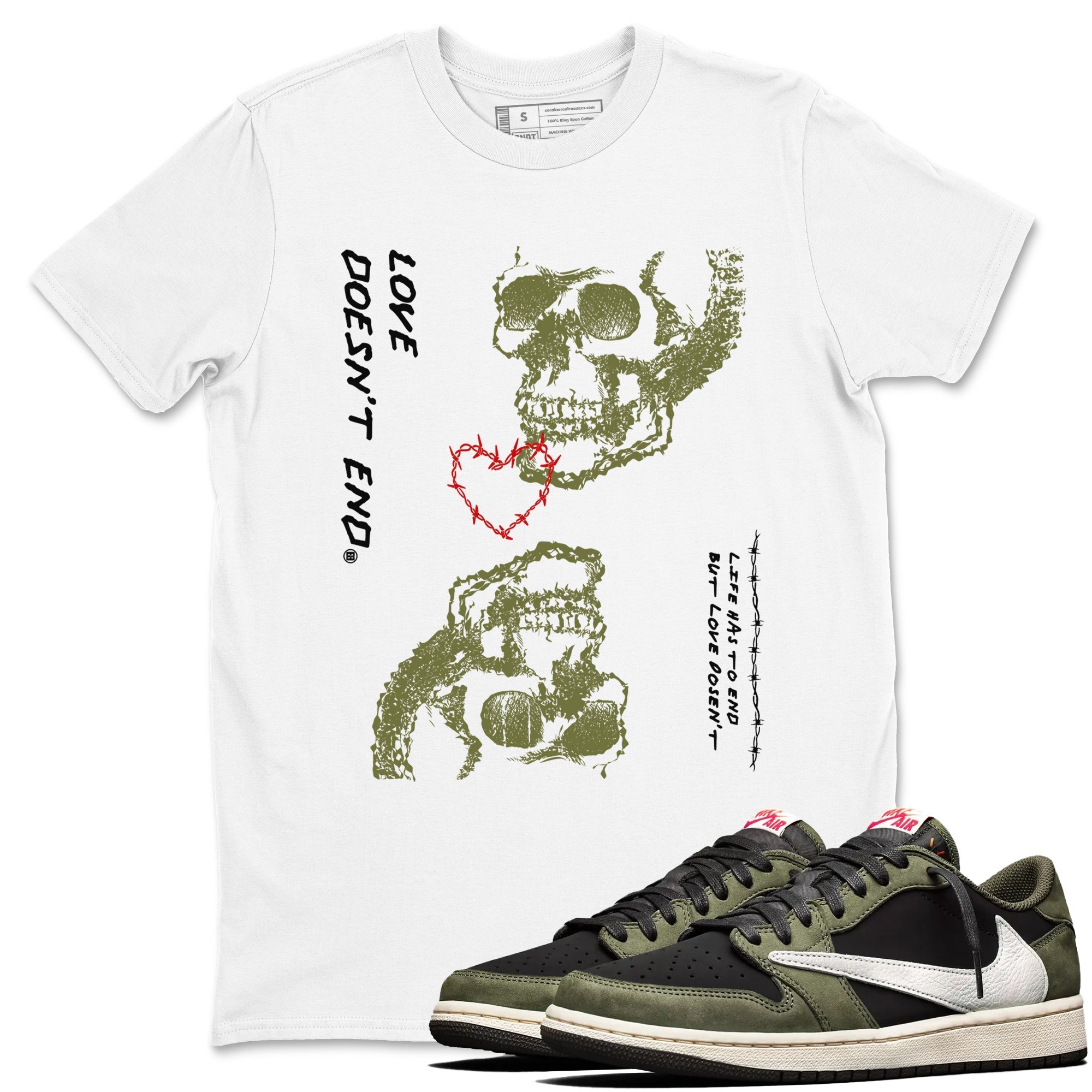 Love Doesn't End snkmatch Tees - Air Jordan 1 Travis Scott Medium Olive