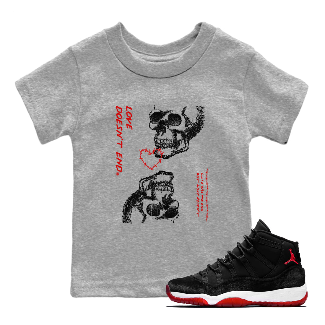 Love Doesn't End snkmatch Tees Kids - Air Jordan 11 Bred Velvet