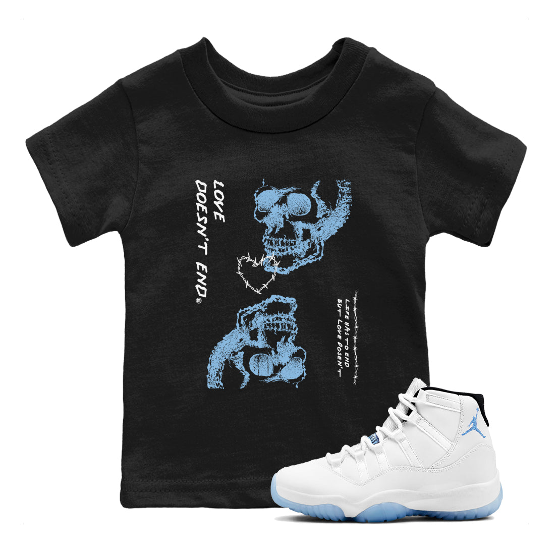 Love Doesn't End snkmatch Tees Kids - Air Jordan 11 Legend Blue