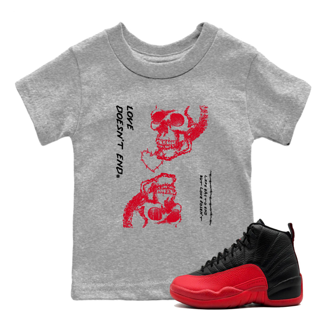 Love Doesn't End snkmatch Tees Kids - Air Jordan 12 Flu Game