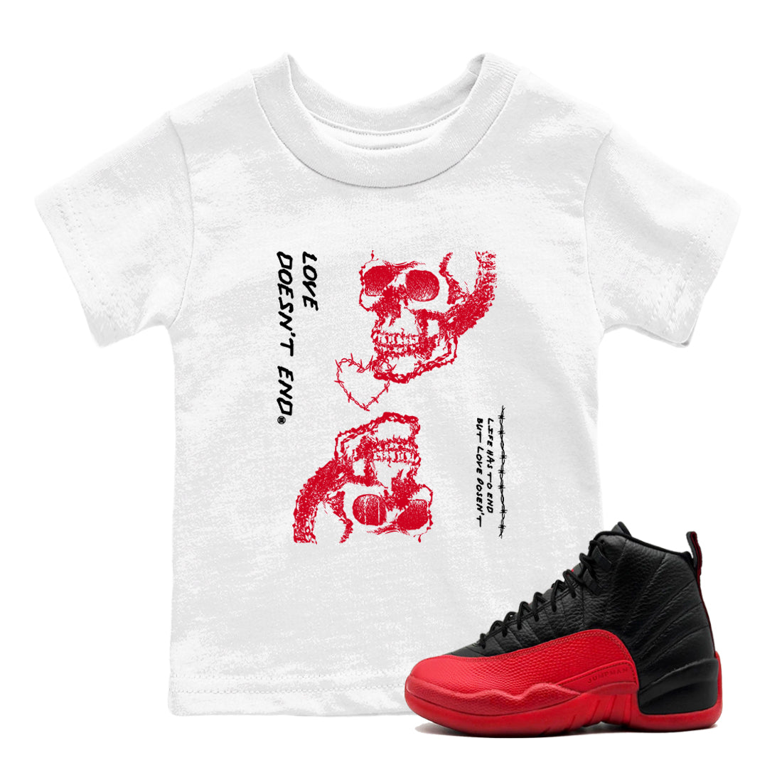 Love Doesn't End snkmatch Tees Kids - Air Jordan 12 Flu Game
